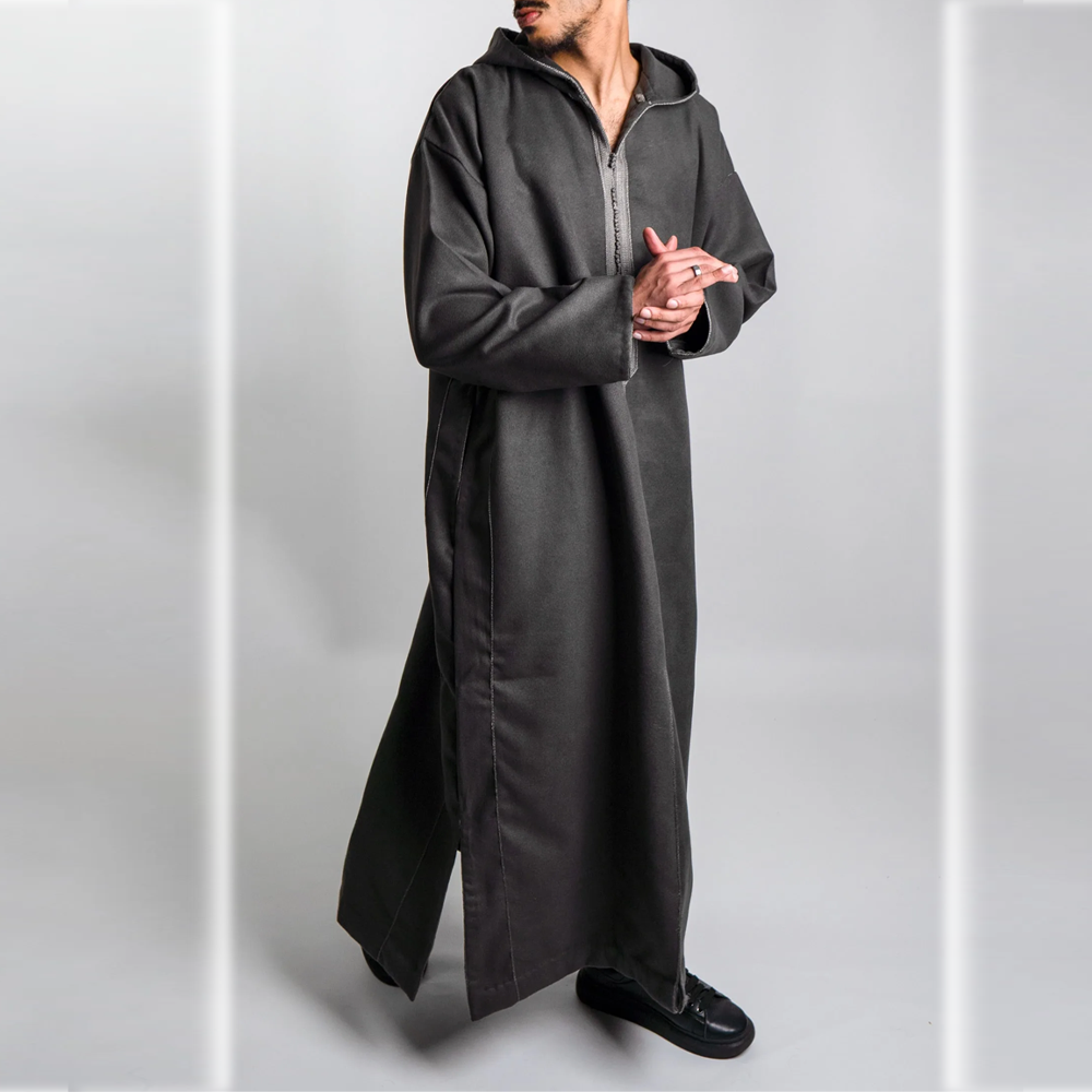 Djellaba Homme Longue Coton Doux Gris Avec Capuche - Fabriquée Au Maroc