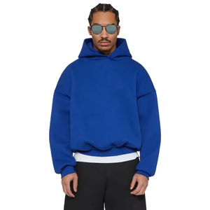 Sweat à capuche court ample en molleton de coton mélangé bleu royal 600 g/m², uni, teint en pièce, streetwear, lourd, pour homme - Product Image 1