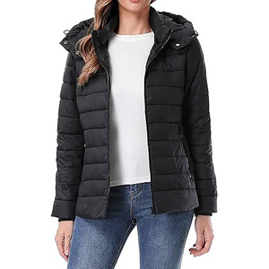 Women's Knitted Hooded Quilted Jacket Polyester Wadding Black Winter Coat Full Sleeve <b>Zipper</b> Closure Solid Color Regular Fit - Product Image 6