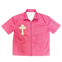 Camisa Casual de Invierno para Hombre, Personalizada, de Cuero PU Tejido, Transpirable, Tallas Grandes, con Cierre de Cremallera, Parche Bordado, Manga Corta, Cuello Mao, Corte Holgado