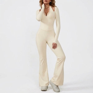 Mono elástico de manga larga para mujer, con pierna acampanada, de una pieza, informal, para uso diario, ropa personalizada - Product Image 6