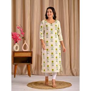 Vestidos Kurti Rectos de Algodón y Yute con Estampado Butta Blanco y Verde, Transpirables, con Elementos de Moda Sencillos - Product Image 5