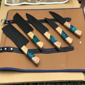 Ensemble de couteaux de cuisine pour usage professionnel - Lame affûtée - Ensemble de 5 pièces - Fait à la main - Sac en cuir - Acier Damas - Product Image 2