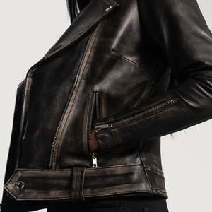 Veste de motard en similicuir marron Rumy avec motif vieilli, col montant en tissu satiné - pour toutes les saisons - Product Image 6
