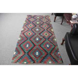 3.6x8 ft Turkish Rug, Kilim Rug, <b>Red</b> Striped Rug <b>Wool</b> - Product Image 1