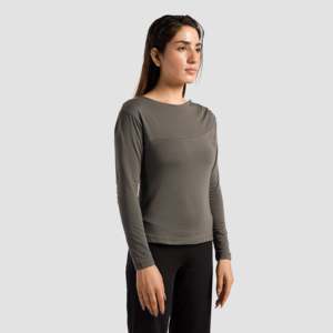 ASymmetric Dull Grey Yoga <b>Top</b> Breathable Modal Spandex Plus Size Fitness Sportswear Simple Fashion Design with Front Logo Print - Product Image 5