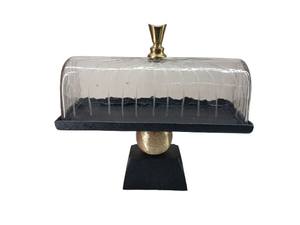 Support à gâteau en bois écologique fait à la main avec cloche en verre, support de présentation de dessert carré noir et or pour boulangerie - Product Image 3