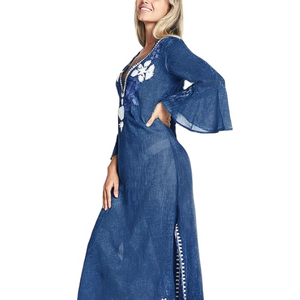 2024 personnalisé dames Style Vintage robe mi-longue élégant imprimé fleuri col en v naturel taille bouton avant écologique nouveau imprimé - Product Image 1