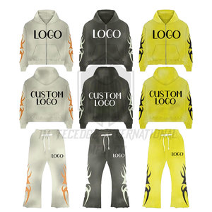 Logo personnalisé coupe normale impression zip lavage acide évasé pantalon de survêtement et sweat à capuche ensemble survêtement de haute qualité pour hommes - Product Image 3