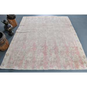 Vintage Pink and White Wool Rug 5.9 X 6.8 ft <b>Turkish</b> Flat Weave Patchwork Pattern Living Room <b>Carpet</b> with Latex Backing - Product Image 1
