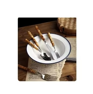 Cuchara de acero inoxidable con mango de bambú, juego de cubiertos, cubiertos para servir en restaurante, vajilla elegante, cuchara - Product Image 6