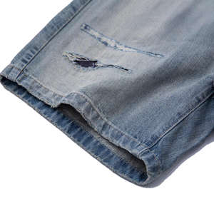 Shorts amples en maille délavée bleu clair de haute qualité pour homme, coupe brute personnalisée, denim délavé à l'acide, respirant, taille plus - Product Image 5