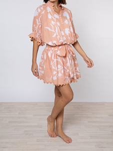 Autumn Floral Bohemian Mini Dress with Scalloped Neckline Large White Flower Print Chiffon Adjustable Waist Tie <b>Slip</b> Included - Product Image 3