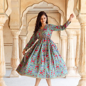 Robe midi Panchami artisanale en coton bohème, imprimée à la main, décontractée, pour les occasions spéciales - Product Image 1