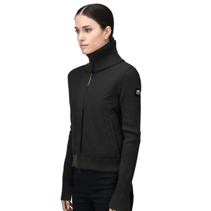 Veste en tricot hybride noire pour femmes, devant matelassé, fermeture éclair intégrale, col montant, manches extensibles, vêtement moderne pour superposition hivernale - Product Image 5