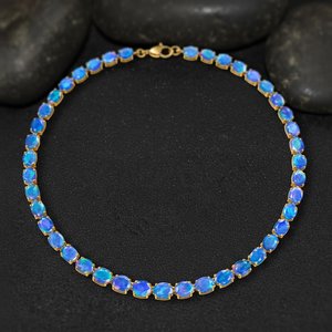 Collar de Tenis con Gema Ovalada de Ópalo Etíope Azul Genuino, Plata de Ley 925, Chapado en Oro de 14k, Certificado IGI, para Niños y Mamá - Product Image 1