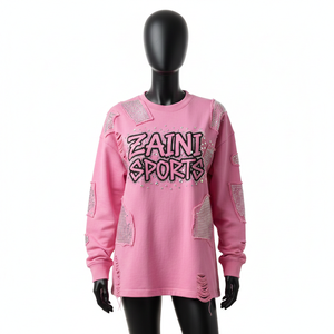 Camiseta de Manga Larga de Algodón Premium con Diseño de Paneles Rosa Suave, Transferencia de Calor con Pedrería, Logotipo Personalizado - Product Image 1