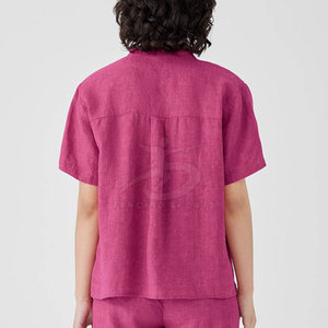 Ensemble décontracté en coton pour femme, motif uni, coupe régulière, t-shirt avec décoration boutonnée, pantalon, écologique, léger, respirant - Product Image 4