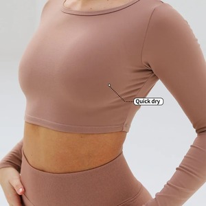 2 piezas de ropa de gimnasio para mujer, Top corto de manga larga, mallas de Yoga de cintura alta, conjuntos de Yoga sexis sólidos impermeables de talla grande - Product Image 5