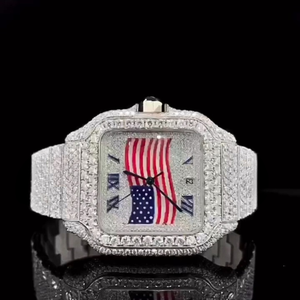 Montre unisexe Hip Hop luxueuse, sertie de pierres, drapeau américain patriotique, acier inoxydable, mouvement MIYOTA, cadran en verre, fonction date - Product Image 2