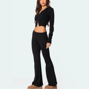 Femmes automne hiver sport costume mode à capuche cordon fermeture éclair haut à manches longues et pantalon évasé tempérament survêtement - Product Image 6