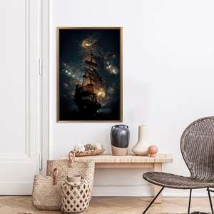 Tableau imprimé sur toile : Décoration murale moderne avec bateau à voile galactique, toile encadrée dorée - Product Image 1