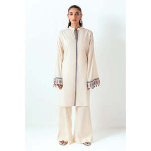 Ensemble coordonné bohème en crêpe froissé à imprimé vague crème pour femme, idéal printemps/été - Product Image 3