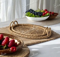 Plateau de service ovale en jute écologique de haute qualité avec poignées en bambou, lot de 2 plateaux pour la maison, l'hôtel, le restaurant, le salon