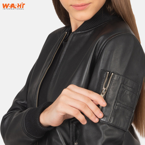 Manteau d'hiver pour femmes en cuir d'agneau noir véritable veste Bomber col montant fermeture éclair coupe ajustée vêtements d'extérieur Style de rue respirant - Product Image 4