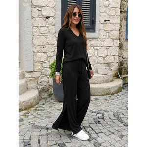 Conjunto de Dos Piezas para Mujer: Blusa de Manga Larga con Cuello en V de Viscosa de Dos Hilos y Pantalones con Detalle de Abertura, 37523 - Negro - Product Image 2