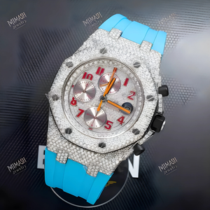 Nouvelle montre de luxe en caoutchouc bleu avec diamants en moissanite, style hip-hop, fonctions automatiques de date et de chronographe, affichage analogique élégant - Product Image 5