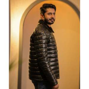 SF004 <b>Reversible</b> Lamb Skin Genuine Leather Puffer <b>Jacket</b> Casual Winter XS Size with Zippered Closure Patchwork Pattern Black ODM - Product Image 3