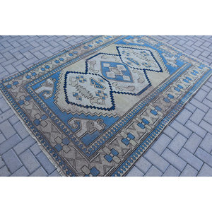 Tapis en laine turque Vintage bleu Beige classique 5.5x7.1 pieds Design Patchwork fait à la main pour salon Rectangle couloir abstrait Latex - Product Image 2