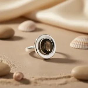925 <b>Silver</b> Smoky Quartz <b>Ring</b> for Women Handmade Boho Style <b>Statement</b> Jewelry Rhodium Plated Topaz Inlay Dainty Setting - Product Image 1