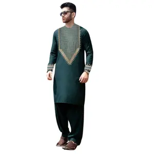 נושם בגודל פלוס אפגאני שאלואר קאמז סט רקום בגדי כותנה בד כותנה מחיר סיטונאי בגדי גברים פקיסטניים