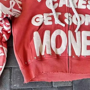 Streetwear personnalisé pour hommes Boxy recadrée point d'interrogation sweat à capuche avec lavage à l'acide poids lourd bouffée impression fermeture éclair strass style vintage - Product Image 4