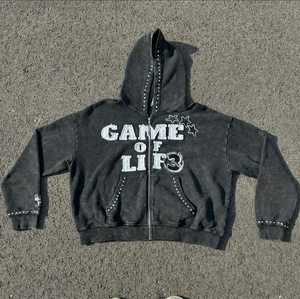 2025 Vintage Acid Wash Men's Sweat Suit Distressed Cut <b>Sew</b> Applique Embroidery Patch Logo Rhinestone Gem Stone Tracksuit Winter - Product Image 1