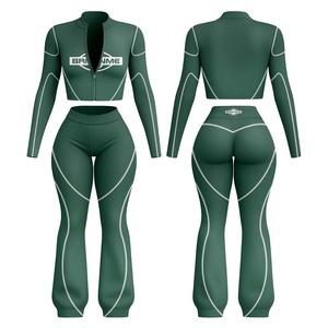 Women fitness <b>tshirt</b> and legging set polyester fabric black grey contrast panel custom heat transfer logo Women's Sets - Product Image 2