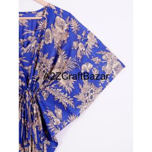 Indian Block Printed Kaftan Pure Organic Cotton Lightweight Short Nightwear Floral Print Beach Wear Summer Dress - Product Image 4