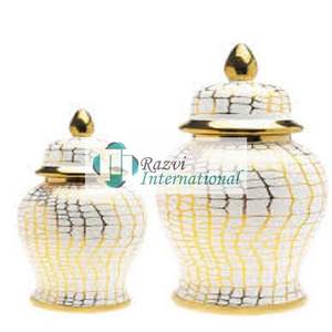 Pot de gingembre blanc avec des détails géométriques en or Décoration de designer dorée moderne Fantaisie Dernier ensemble de pots de gingembre au design antique - Product Image 5