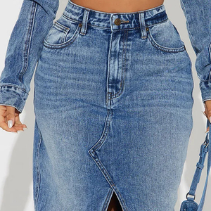 Nouvelle jupe Maxi en denim décontractée à la mode 5 poches fendue sur le devant/Jupe en jean personnalisée à taille haute pour femmes, délavée sur mesure, vente en gros - Product Image 4