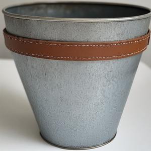 Vintage <b>Galvanised</b> Leather <b>Planter</b> With Polished Metal Base Artisan Handcrafted Offering Stylish Accent For Decorative Interiors - Product Image 5