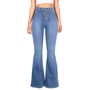 Alta calidad básica Slim Fit lavado pierna recta Denim mujeres transpirable pierna ancha botón decoración fábrica precio barato cintura media - Product Image 2
