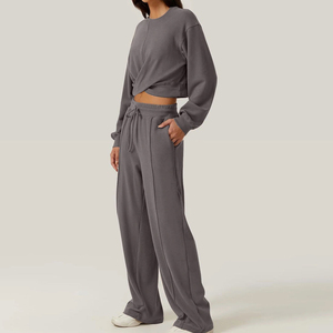 Pull personnalisé très vendu ensemble survêtement vieilli avec col ras du cou et pantalon de survêtement ensemble survêtement évasé pour femmes - Product Image 5