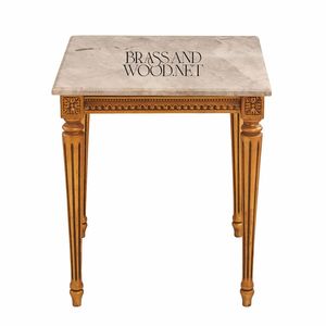 Table d'appoint carrée de luxe avec plateau en marbre beige et pieds cannelés sculptés à la main en or antique pour les salons classiques - Product Image 1