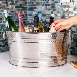 Seau à glace à Champagne populaire pour articles de bar et articles de fête Seau à glace ovale martelé en acier inoxydable en métal avec poignée - Product Image 3