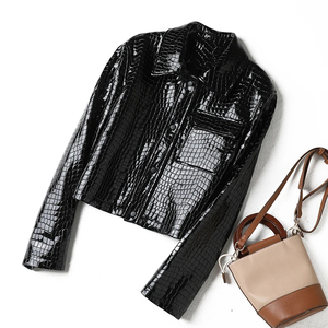 แจ็กเก็ตหนังจระเข้แกะแท้แขนยาวปกสีดำสำหรับผู้หญิงแฟชั่นใหม่ - Product Image 2