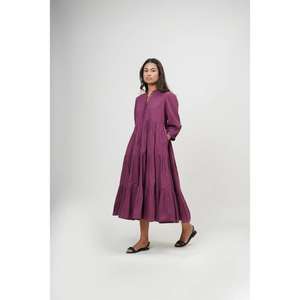 Robe longue en coton pour femmes, à manches longues, à volants, de couleur violette, écologique, naturelle, ample, décontractée, pour l'été, pour les vacances - Product Image 1