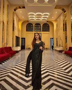 Bollywood Estilo negro boda Sangeet boda Diwali fiesta Saree impresionante aspecto 2025 indio étnico niñas Sari blusa a juego - Product Image 5