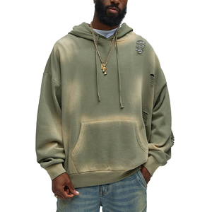 Sudadera con Capucha de Hombre, Estilo Vintage, Holgada, de Felpa Francesa, con Hombros Caídos, Manga Larga, Verde, Lavado Desgastado - Product Image 1